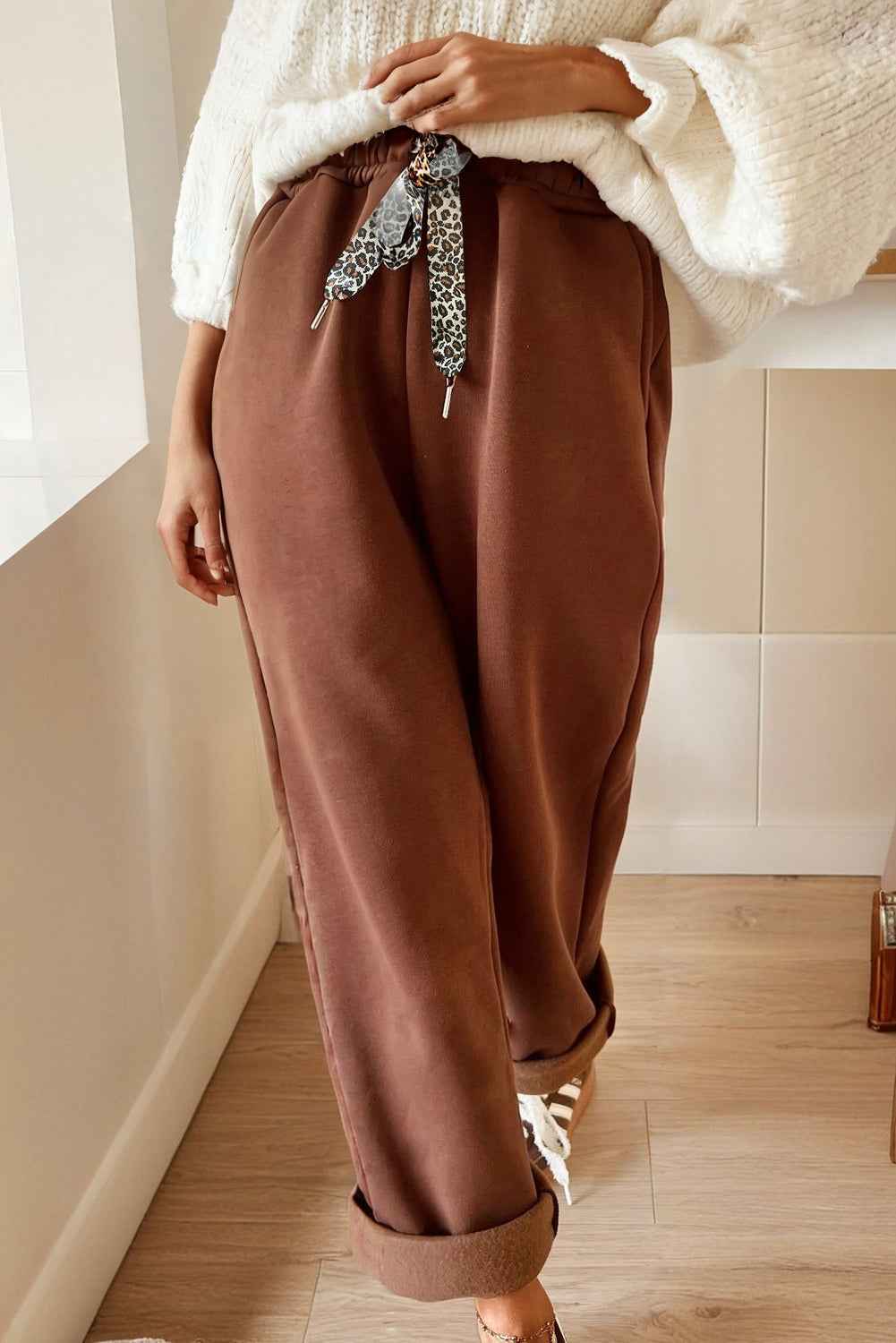 Oatmeal Fleece Lined Leopard Drawstring Elastic Waist Solid Pants 2bbcef524fd8158e