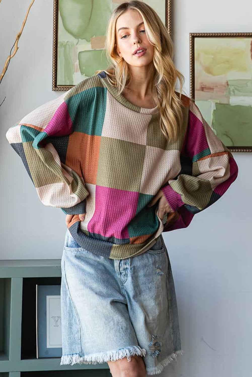 Green Checkered Print Textured Knit Long Sleeve Loose Top 2bbdb8d8527aa887