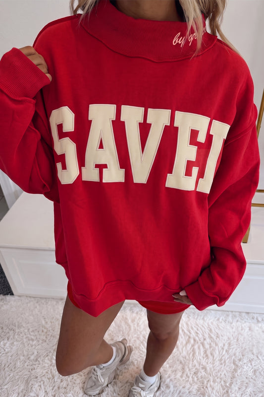 Fiery Red Saved By Grace Embroidered Detail Letter Graphic High Neck Sweatshirt 2bbe86f4b3b70af1