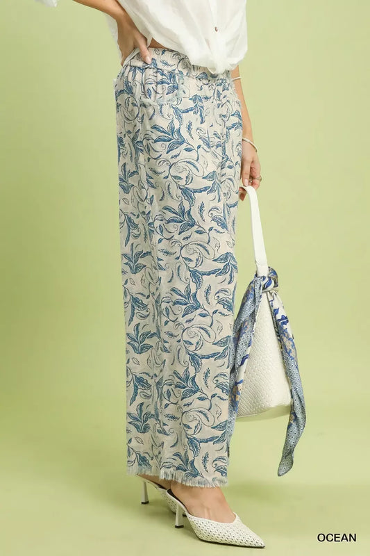 Umgee Linen Printed Wide Leg Raw Hem Pants 2bbf8092-9069-455a-9d5a-73cc2fa316ce-Max-Origin
