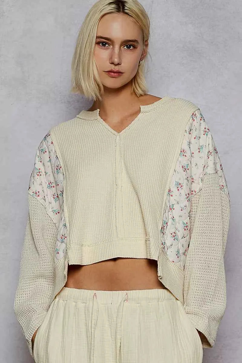 POL Mix Thermal Floral Pattern Quilted Knit Cropped Top with Raw Edge Detail CREAM 2bc39511-bac5-4ade-b79c-8a2a46ef2f0f-Max-Origin