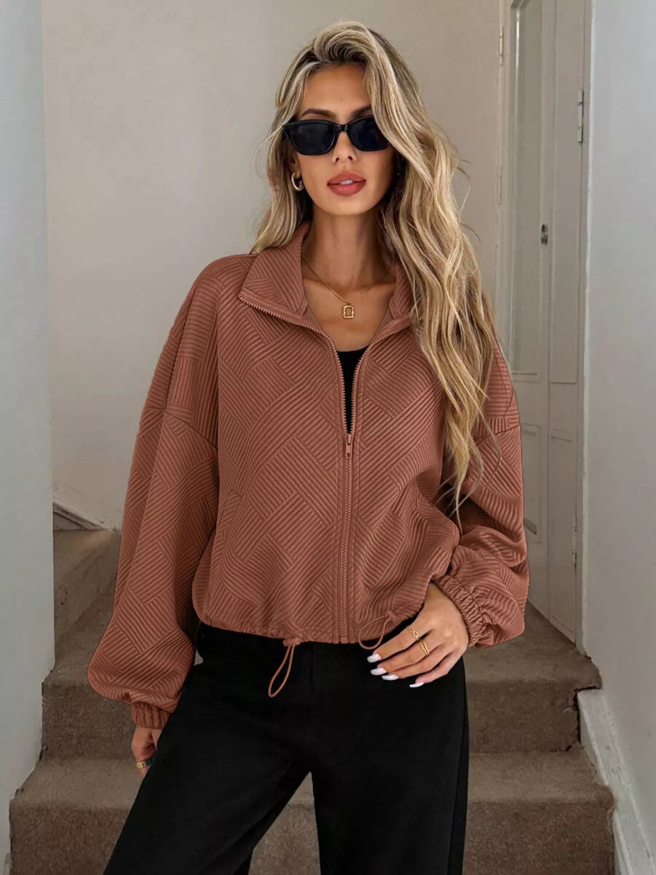 Drawstring Hem Textured Long Sleeve Jacket 2bc83d957f604c6b89cb95a381771e63-Max-Origin