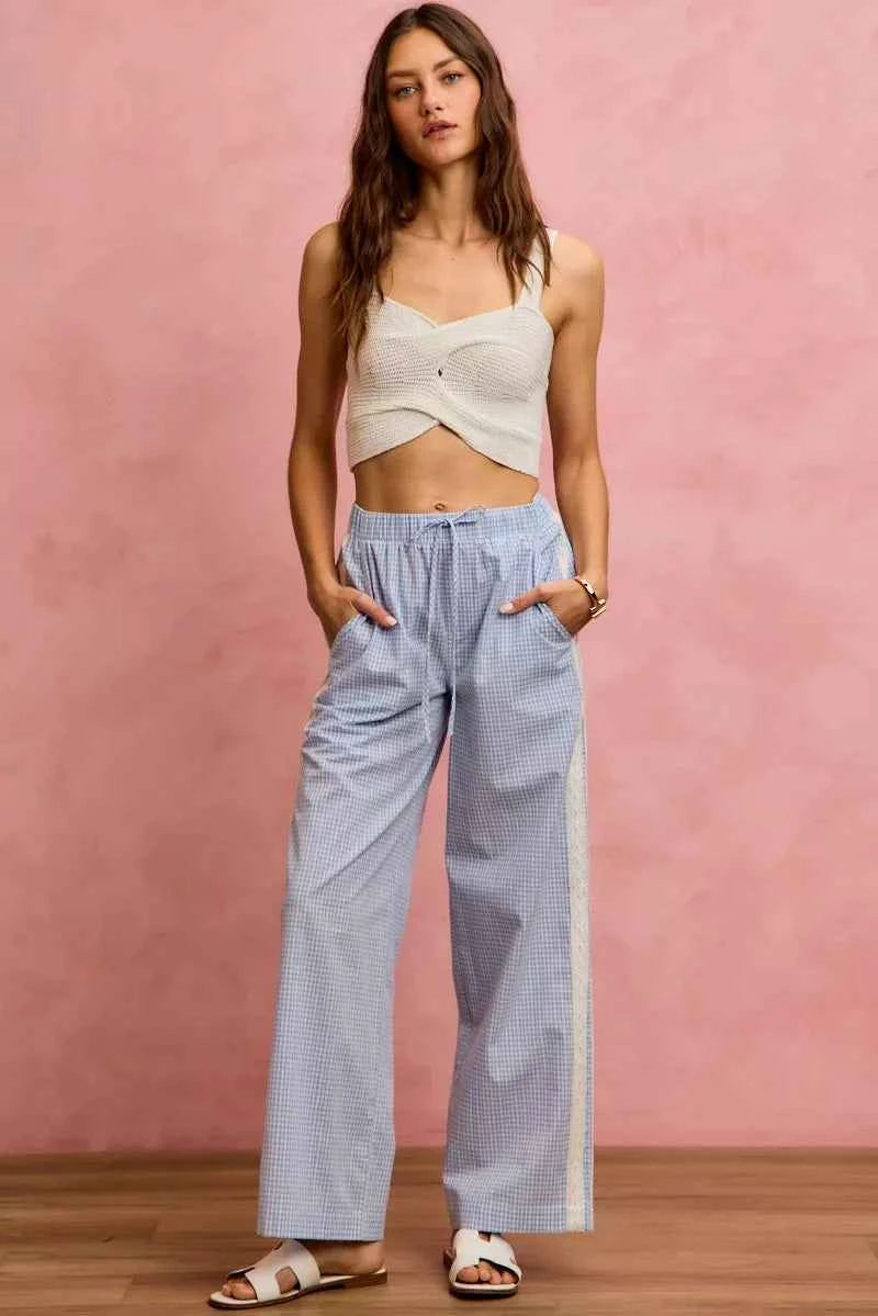 SO ME Wide Check Pants With Side Lace Trim And Piping 2bca7678a9f54a78a3ade0f885cba660-Max-Origin