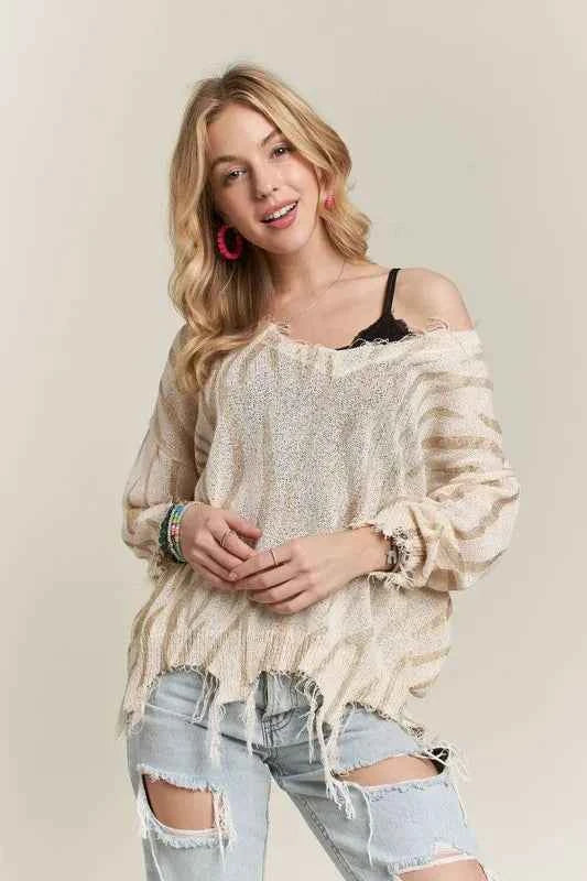ADORA Frayed Zebra Knit Top IVORY LT GOLD 2bcb80c6981b453ebeca20d0c11b4112-Max-Origin