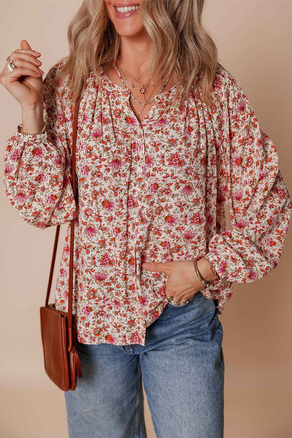 Red Floral Print Pleated Detail Notched Neck Puff Sleeve Blouse Red 100%Viscose 2bce12d8b5b61545