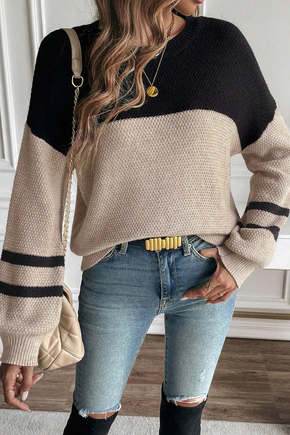 Dark Brown Colorblock Striped Sleeve Detail Knit Sweater 2bcfd40e3a9b6592