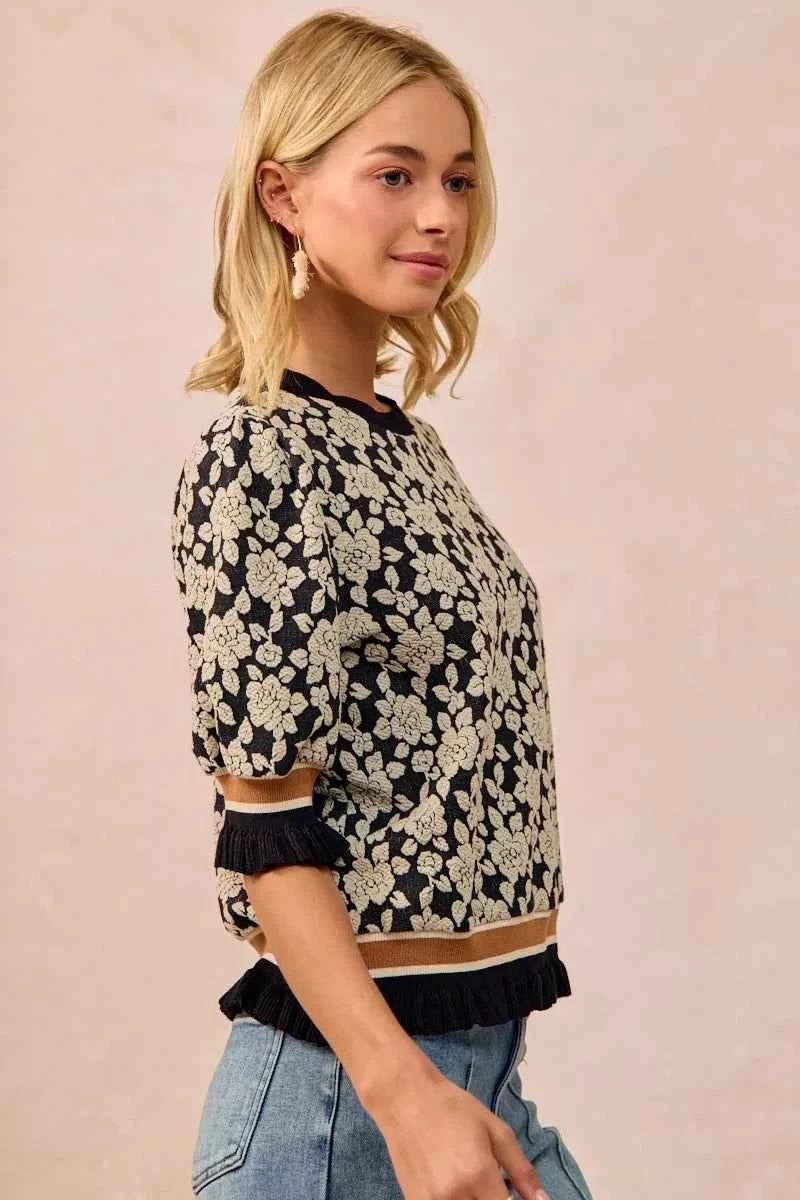 BiBi Textured Rose Knit Top Contrast Banded Puff Sleeve 2bd3dd97-a71d-487a-9968-803df34887f9-Max-Origin