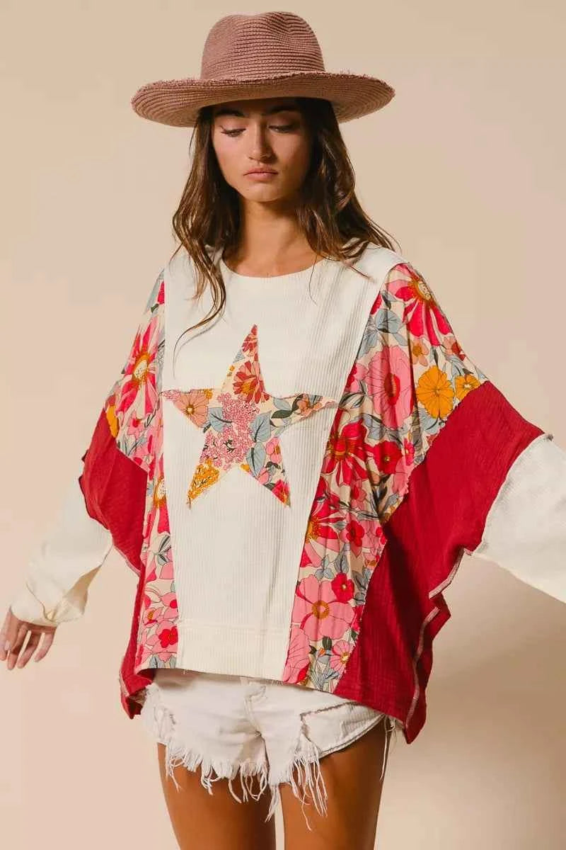 BiBi Floral Print Mixed Star Patch Round Neck Sweatshirt 2bd518cffd9b452fbfdad79543b9b678-Max-Origin