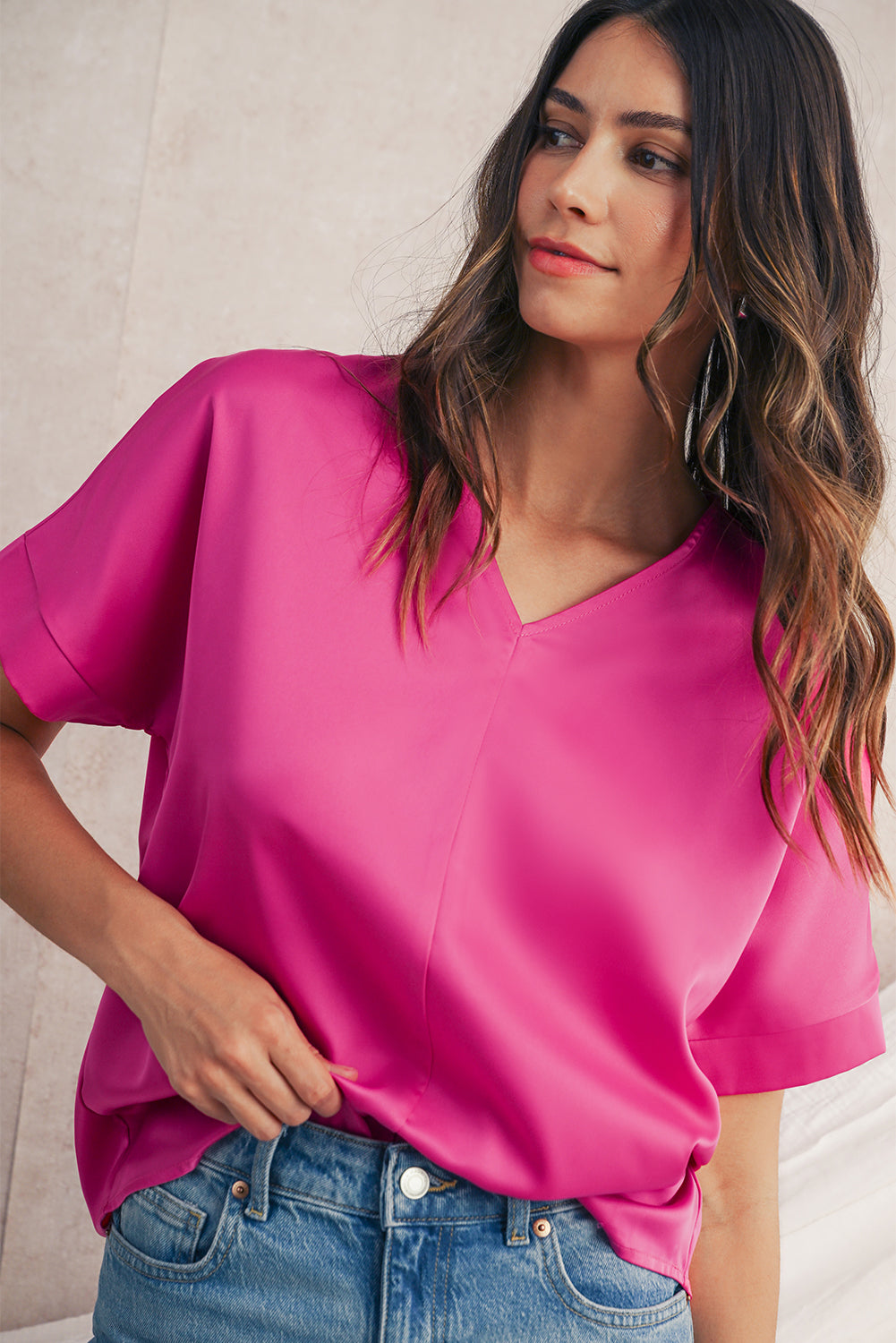 Bright Pink Plain V-Neck Dolman Sleeve Loose Top 2bd5442d04f61995
