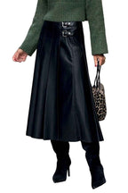 Black Faux Leather Retro Buckle Detail Pleated Stitch Flared Midi Skirt 2bd7300692fbed62