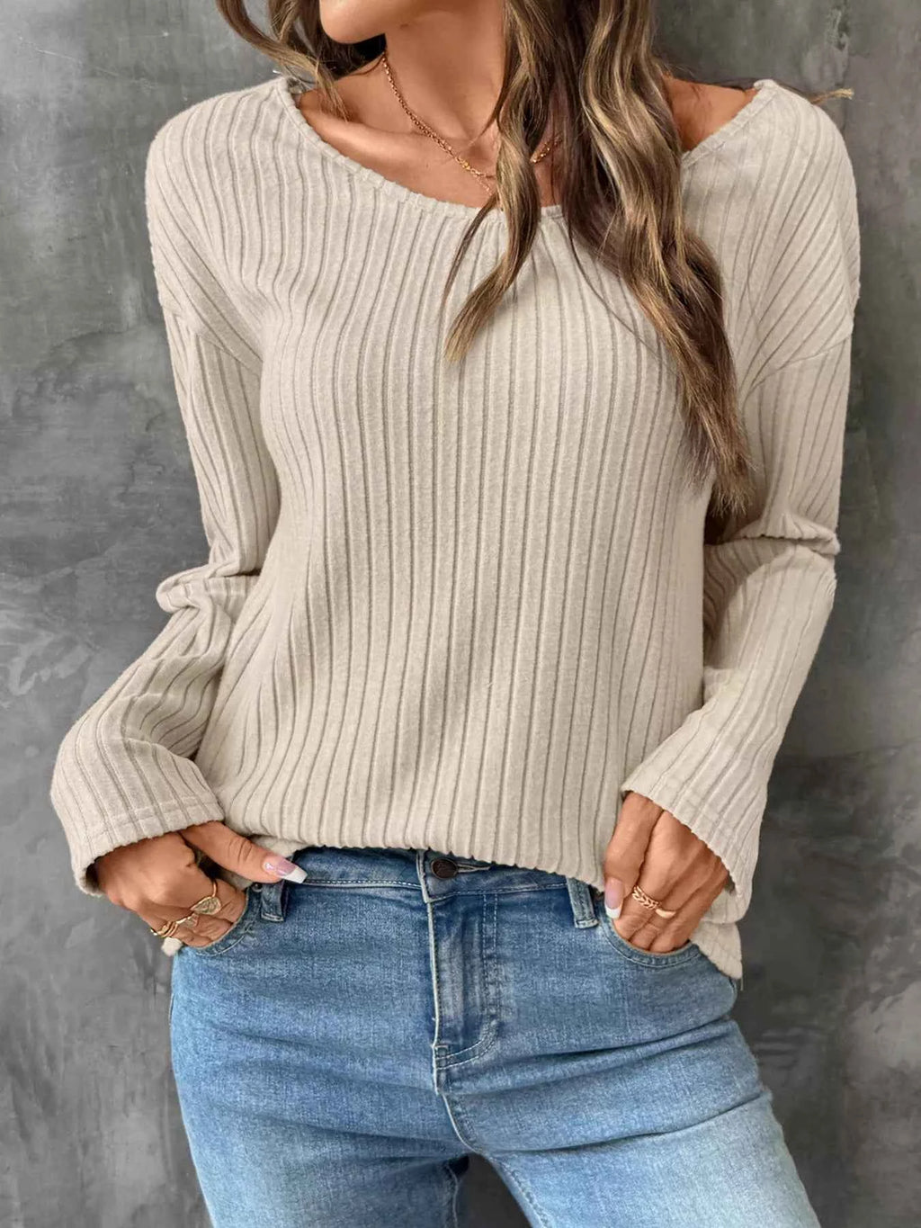 Lace Detail Ribbed Knit Long Sleeve T-Shirt