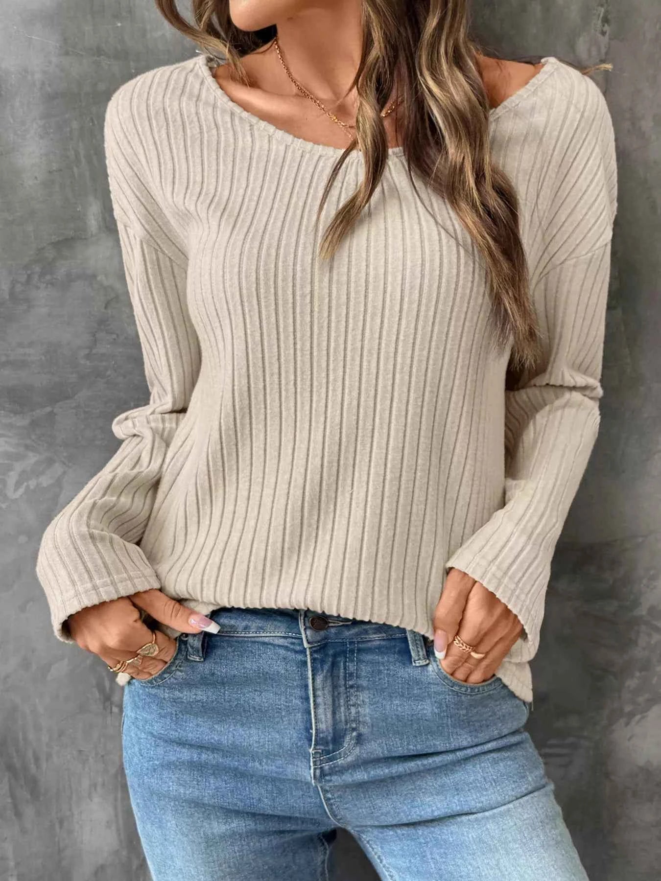 Lace Detail Ribbed Knit Long Sleeve T-Shirt