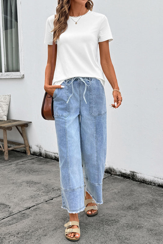 Beau Blue Drawstring Seam Detail Raw Hem Wide Leg Denim Pants 2bdf7f22edfe43ce