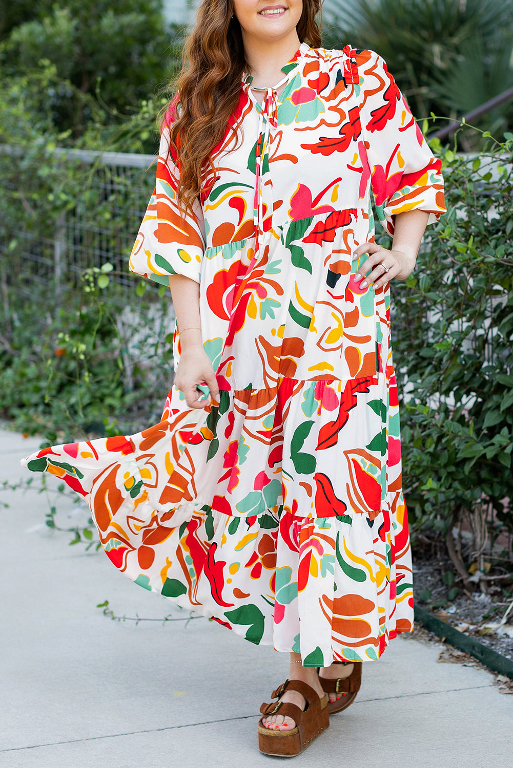 Orange Abstract Tie V Neck Tiered Plus Size Dress Orange 100%Polyester 2be130b30b21c896