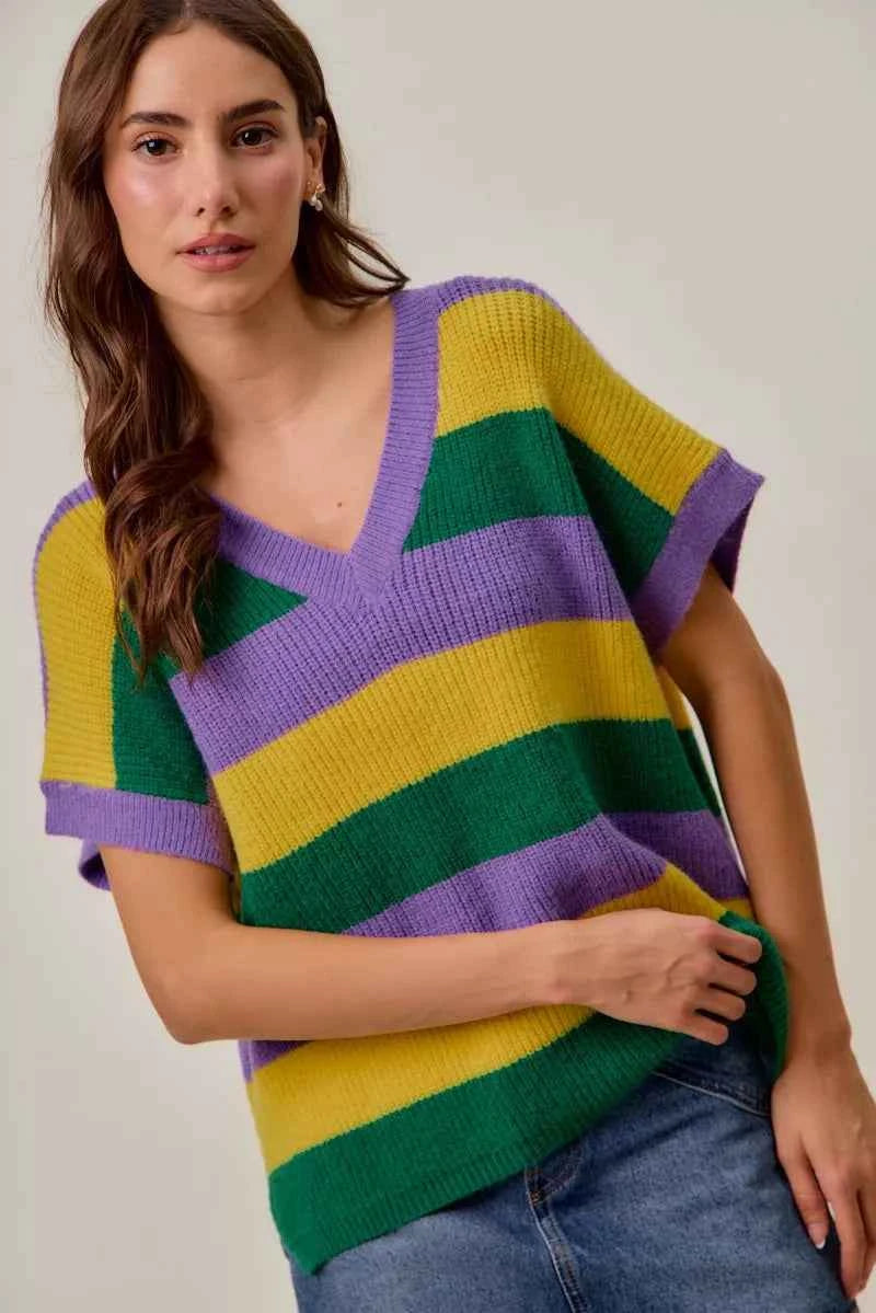 SO ME Mardi Gras Loose Fit V Neck Stripe Sweater Top 2be3679e724242779e025cb0cfc396f7-Max-Origin
