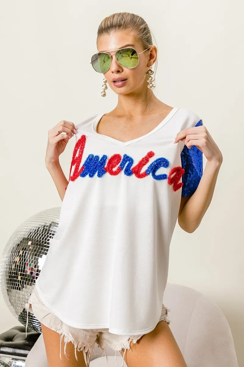 BiBi Metallic Letter V-neck Sequin Sleeves Top 2be379c3dffc4ed786a25707f1dd5cd0-Max-Origin