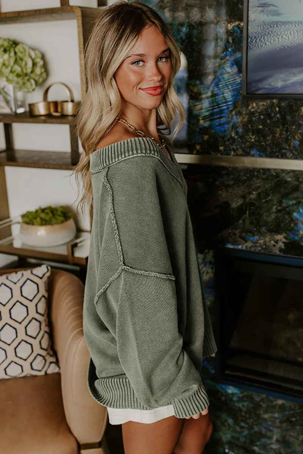 Black Mineral Wash V Neck Knit Exposed Seam Drop Shoulder Loose Sweater 2be587cfb8357f5b