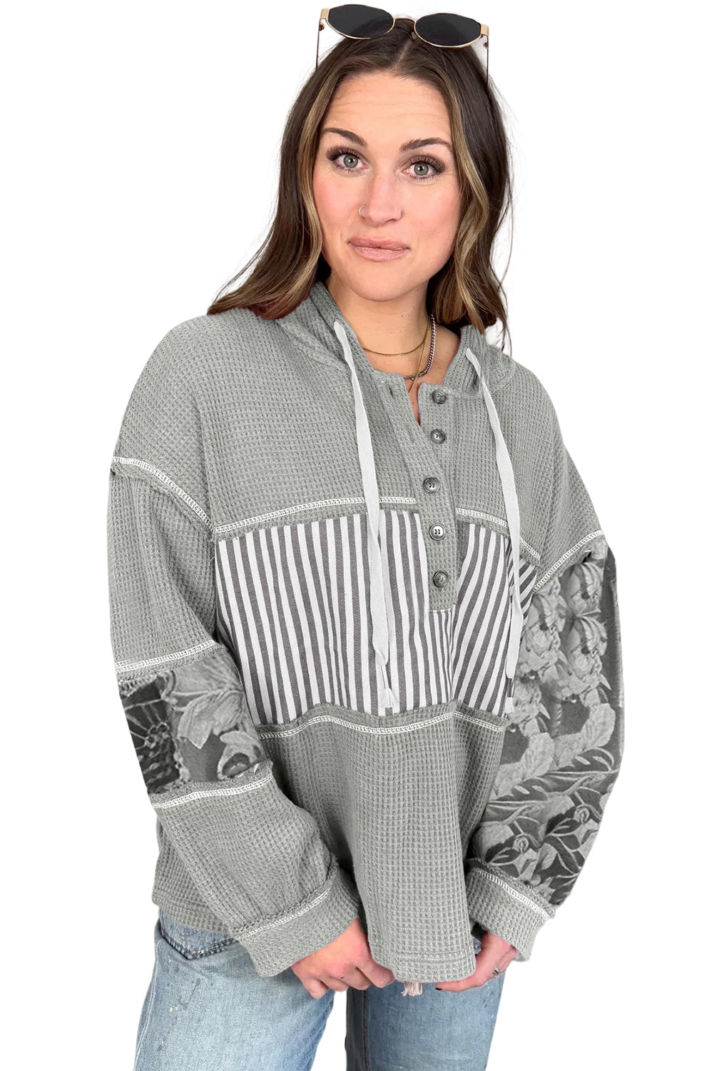 Gray Mixed Waffle Knit Patchwork Henley Plus Size Hoodie Gray 75%Polyester+25%Cotton 2bf3704fbbeeaf18