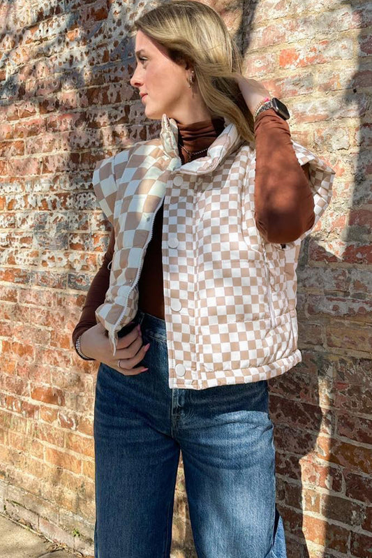 Khaki Contrast Plaid Quilted Button Zip Up Vest 2bf9c994e069a310
