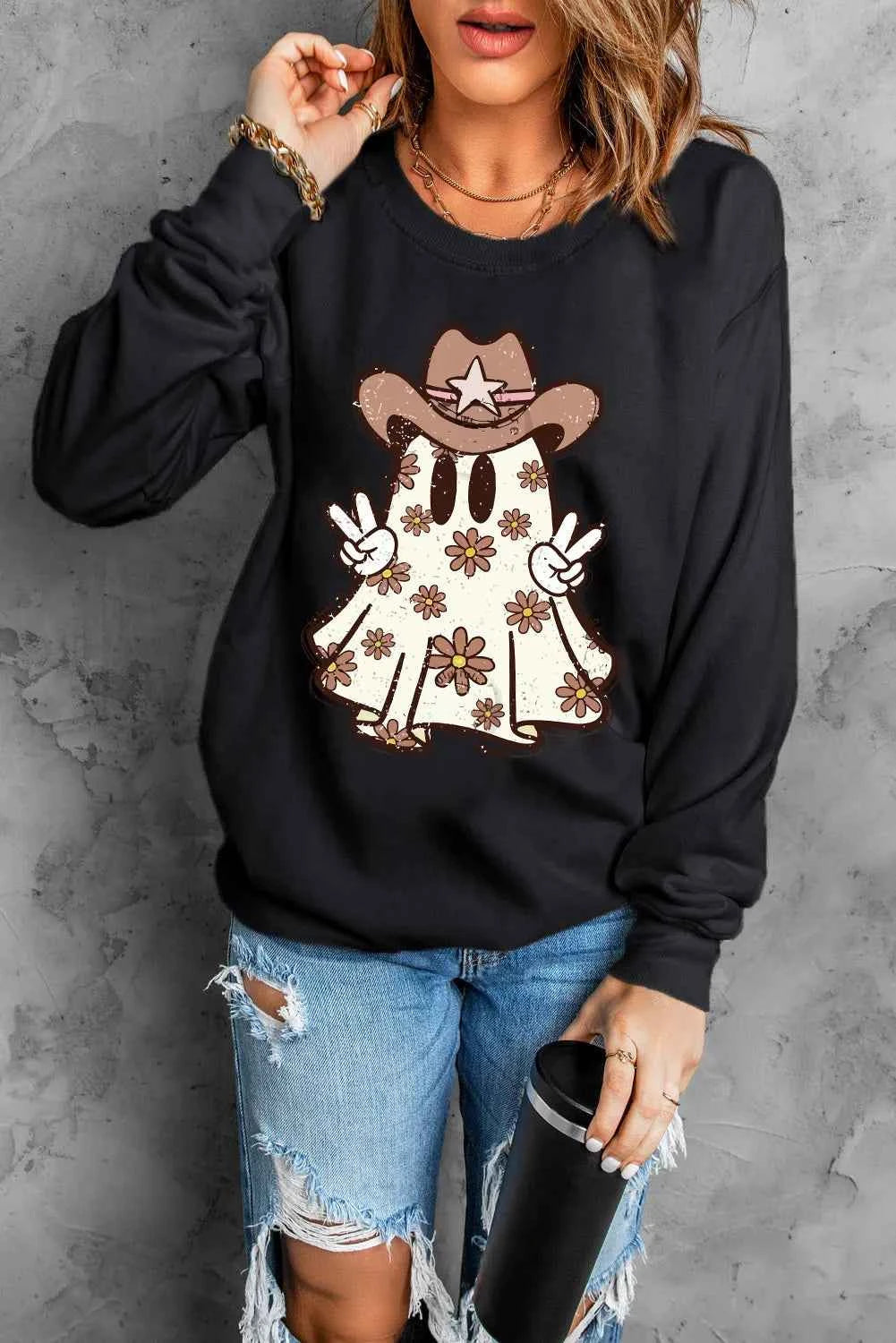 Ghost Round Neck Long Sleeve Sweatshirt Black 2c036510-fd6c-4fed-ad9b-8dabcc200712-Max