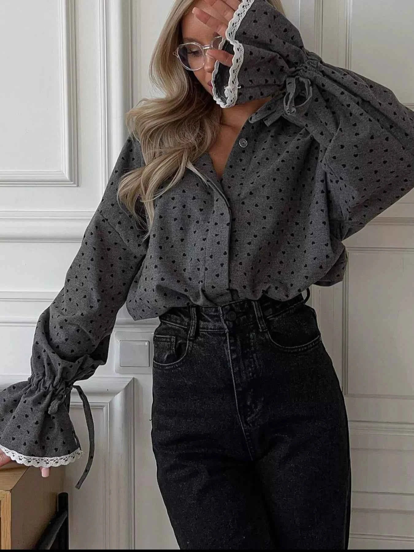 Heart Print Button Up Flounce Sleeve Shirt 2c0d62b7-3843-49db-a0f2-4e70922bed86-Max-Origin