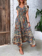 Printed V-Neck Cap Sleeve Dress 2c0fcb3ca10b45d899a6de016006618a-Max-Origin