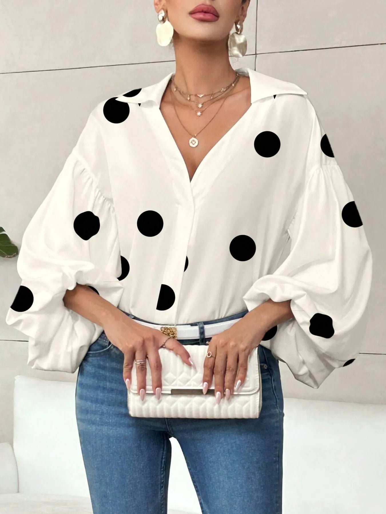 Polka Dot Balloon Sleeve Blouse Apricot Polka Dots 2c14f347a0e14fe283cd50c98ae520ac-Max-Origin
