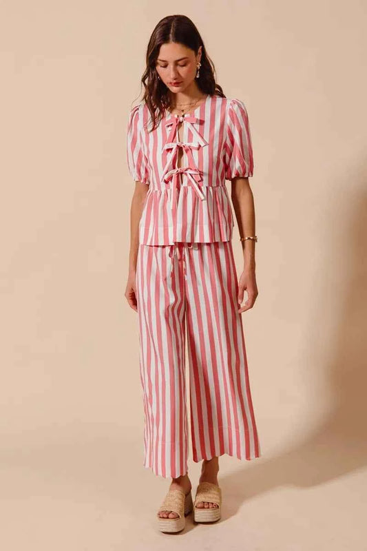 Front Tie Stripe Top With Puff Sleeves and Wide Leg Pants Set 2c176427cd9f484f8a008aefa47965fd-Max-Origin