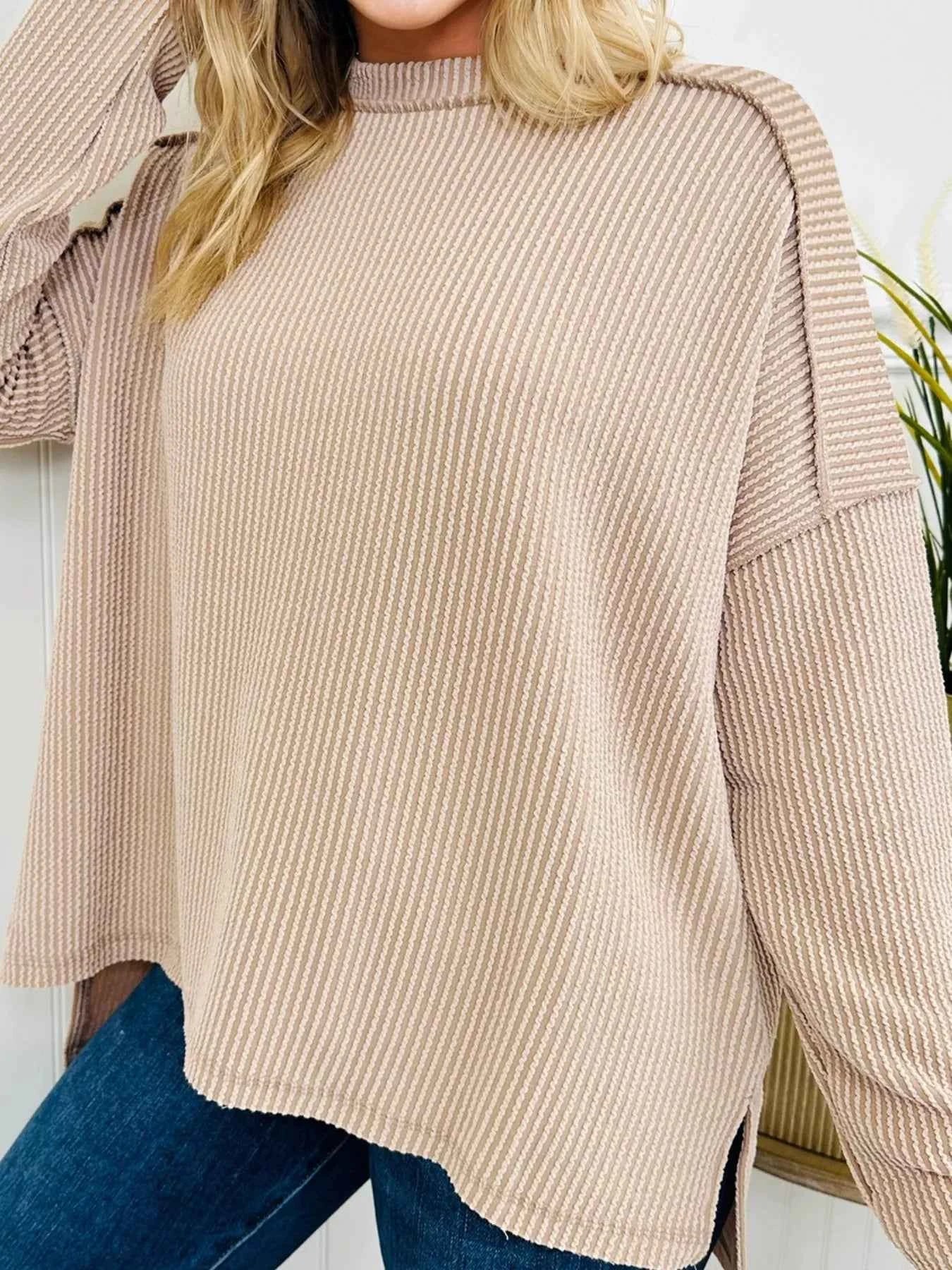 Twist Ribbed Exposed Seam Detail Long Sleeve Loose Top Khaki 2c190b9b-be75-45f8-a5cb-901607798b03-Max-Origin