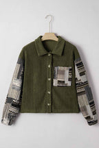 Jungle Green Ribbed Fleece Plaid Print Patchwork Button Up Jacket 2c1b6527c0d11ff2