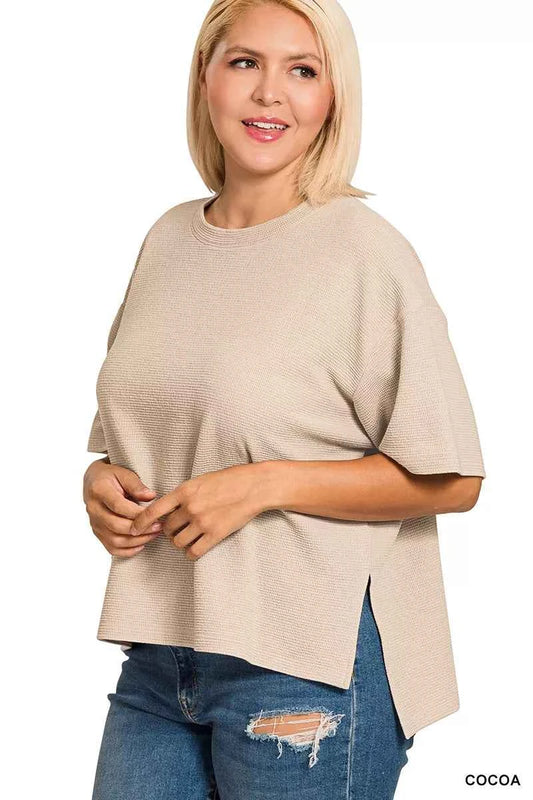 Full Size Double Knit Side Slits Hi Low Short Sleeve Top Plus Size 2c1ca52b-3738-4ce6-8fdd-6d33c294c271-Max-Origin