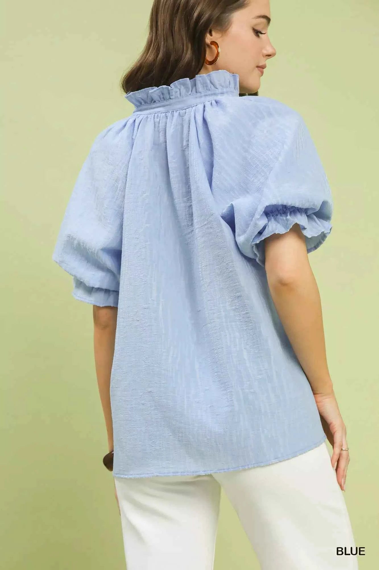 Umgee Textured Puff Sleeve Split Neck Top 2c1cab68-c0f4-4c1d-8d32-5ad45cf95c2a-Max-Origin