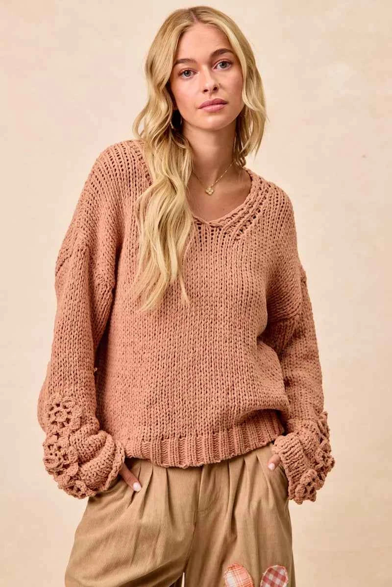 BiBi Chunky Knit Sweater with Flower Detail Sleeves DUSTY PEACH 2c1cfa1f92794726886acdc0a1cfe461-Max-Origin