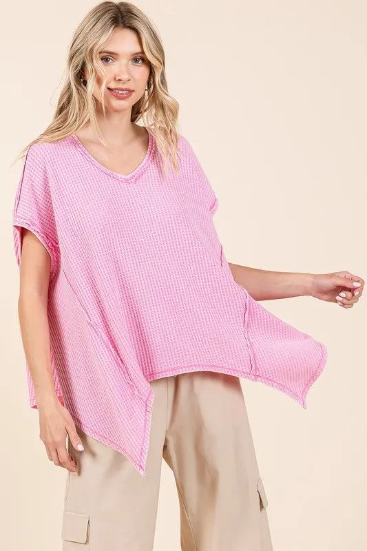 Mineral Wash Waffle Knit Pointed Hem Oversized Top 2c1e3669-1204-46ac-ad3f-ad7a2ad28039-Max
