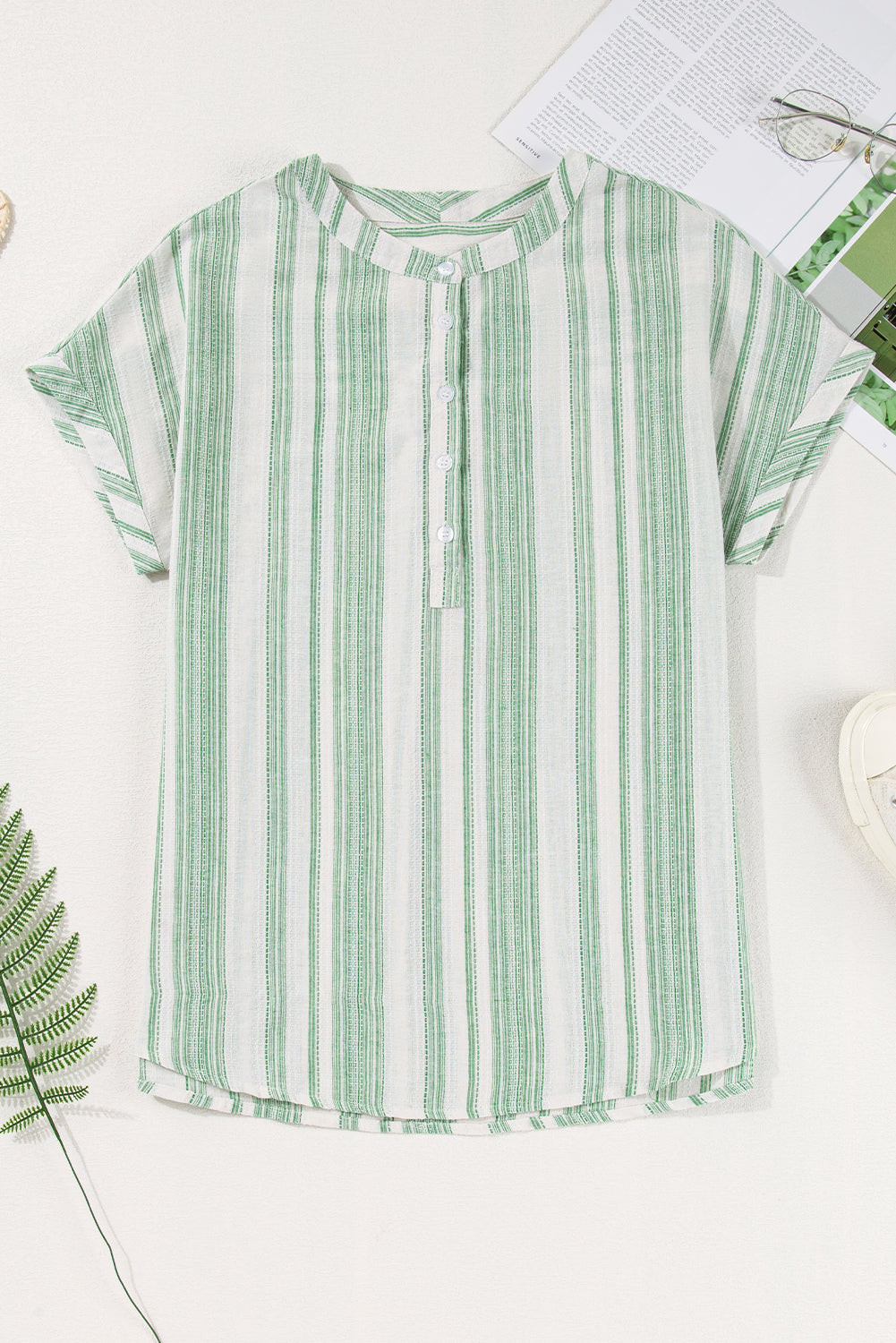 Green Breathable Gauze Half Button Short Sleeve Casual Blouse 2c23d36a43ef21cd