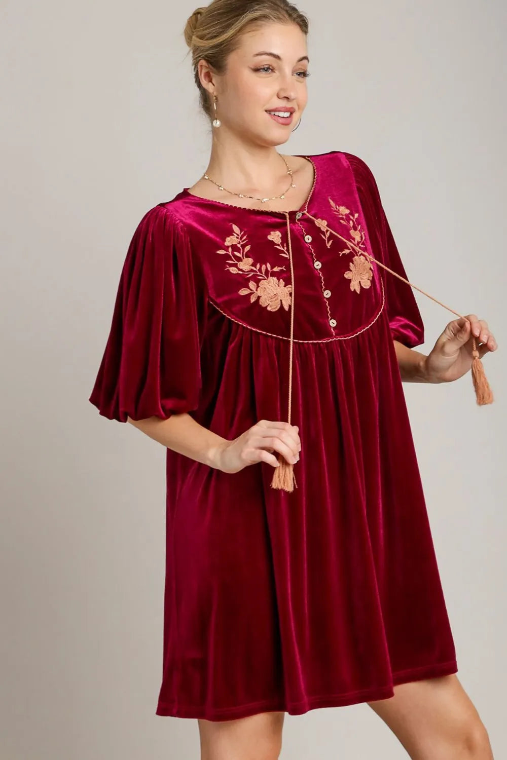 Umgee Embroidered Half Sleeve Velvet Mini Dress with Tassel 2c25d8b1-7252-498c-9e09-e85db956175e-Max