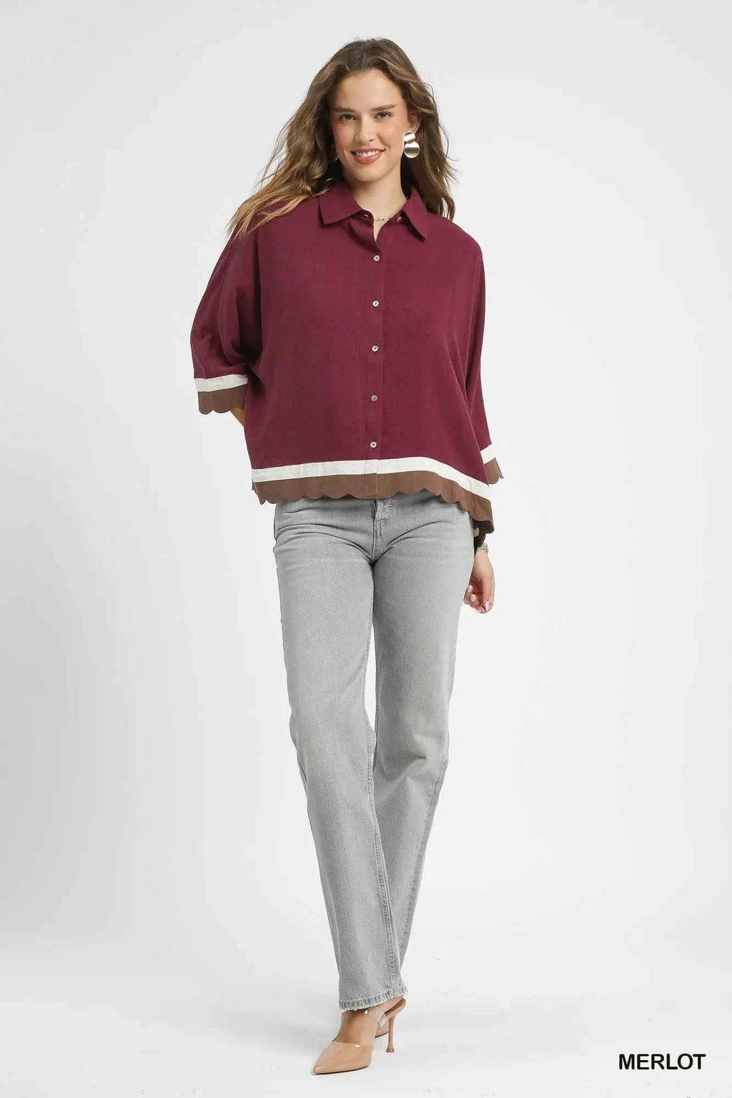 Umgee Colorblock Button-Down Shirt with Scallop Hem 2c2626a4-2278-4a5a-86b1-ec07ad5fa724-Max-Origin