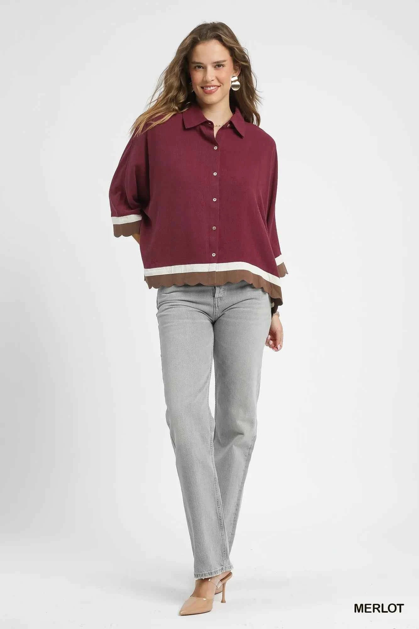Umgee Colorblock Button-Down Shirt with Scallop Hem 2c2626a4-2278-4a5a-86b1-ec07ad5fa724-Max-Origin