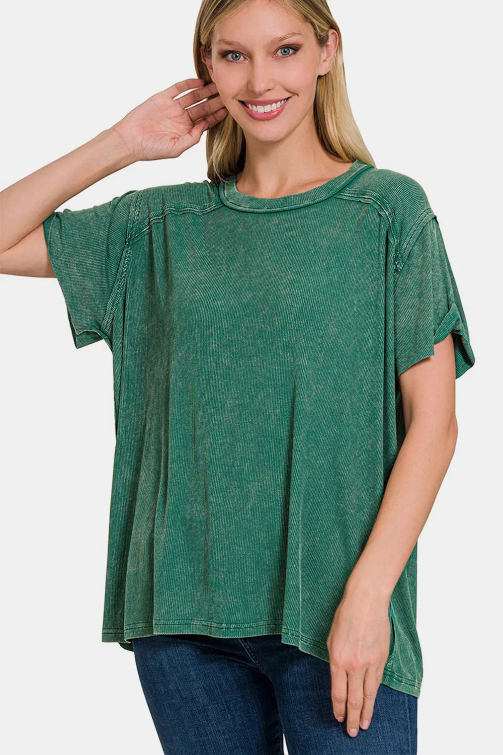Zenana Washed Ribbed Short Sleeve Top DKGREEN 2c2cdbe7-5080-41e5-ac61-d2ace852c8df-Max