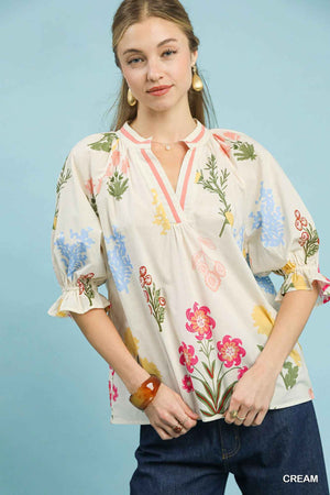 Floral Split Neck Puff Sleeve Top CREAM 2c2f73aa-c039-4720-a391-093006844941-Max