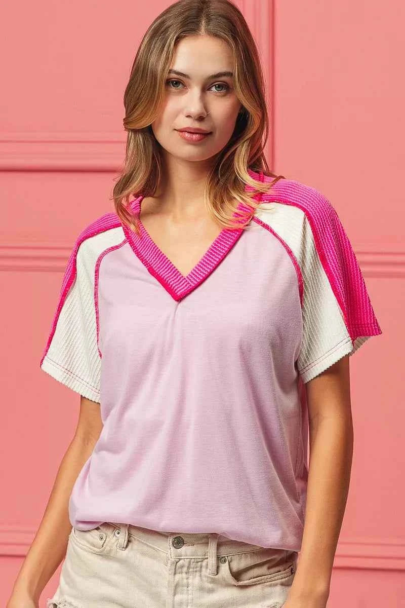 BiBi Cord Rib Combo V Neck Jersey Knit Top 2c3e639e-5026-4578-a7bd-f4d5107d4261-Max-Origin