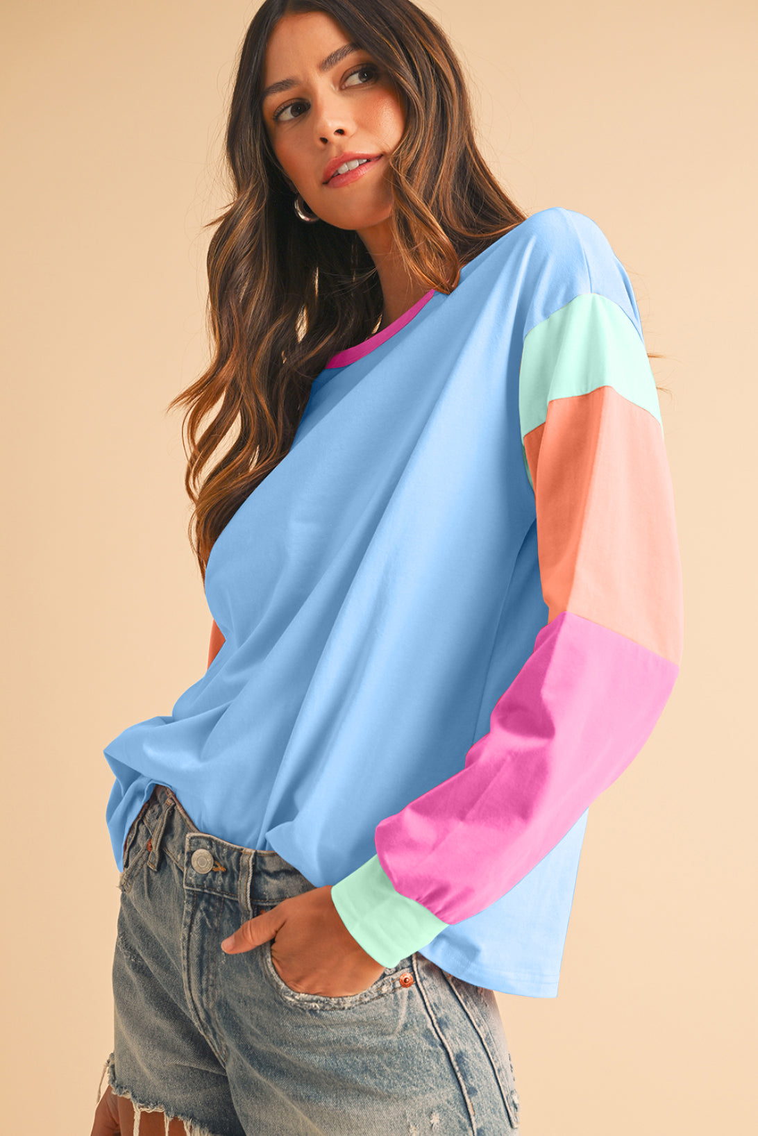 Green Color Block Sleeve Loose Fit Top 2c3e966b9af6a964