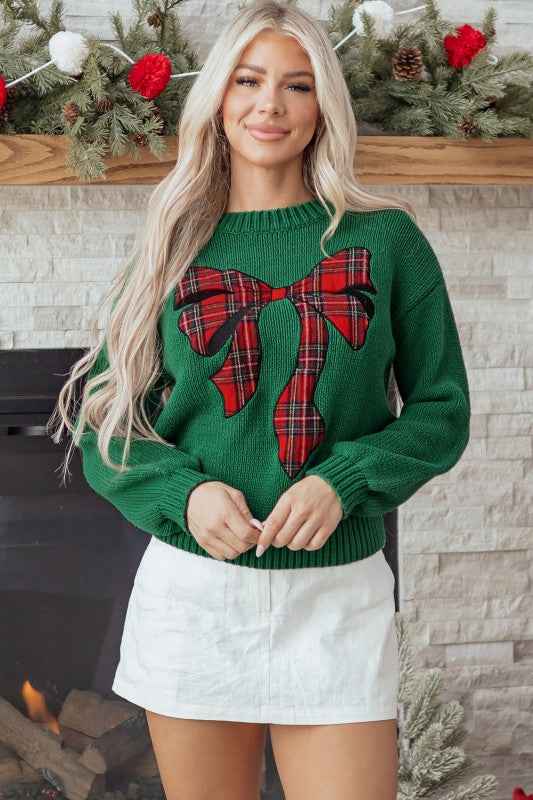 Plaid Bow Drop Shoulder Christmas Sweater 2c41081b-0ffa-4d3b-8b8a-b4d97f958f3d
