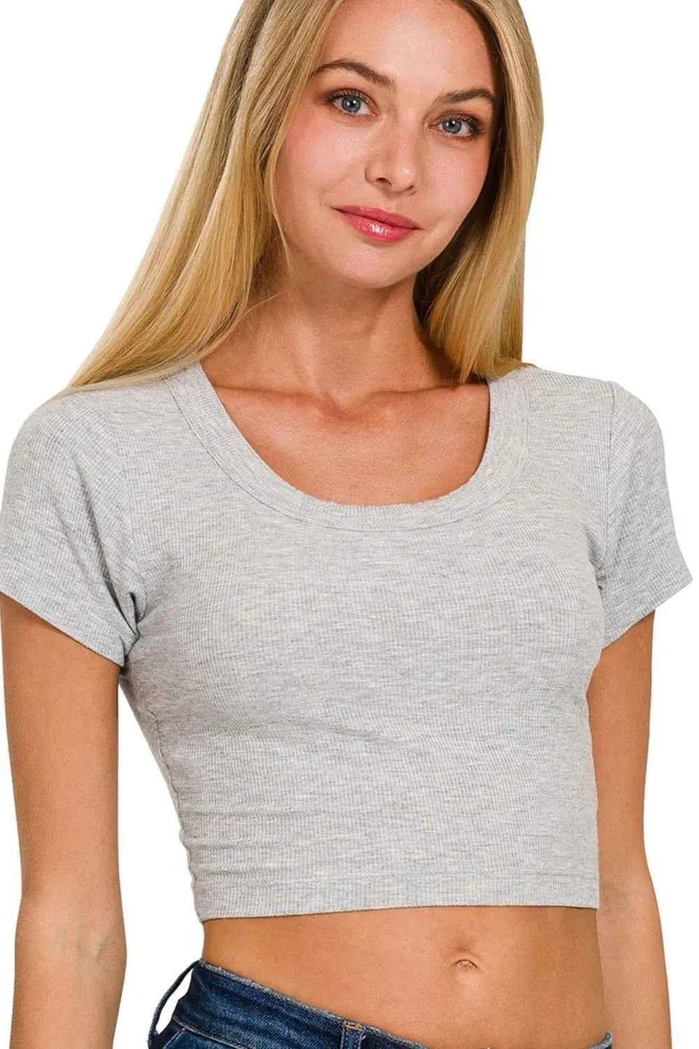 Zenana Ribbed Scoop Neck Crop Short Sleeve Top H GREY 2c45e348-6d53-45b5-bb27-9dcf8e7e463f-Max-Origin