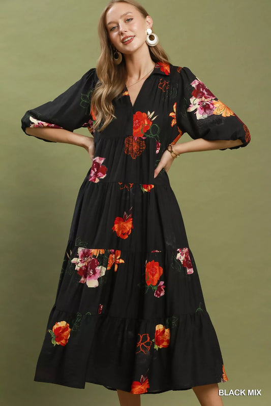 Floral Print Tiered Midi Dress with Puff Sleeves BLACK MIX 2c496354-8bb3-481a-8910-c759365948a8-Max-Origin