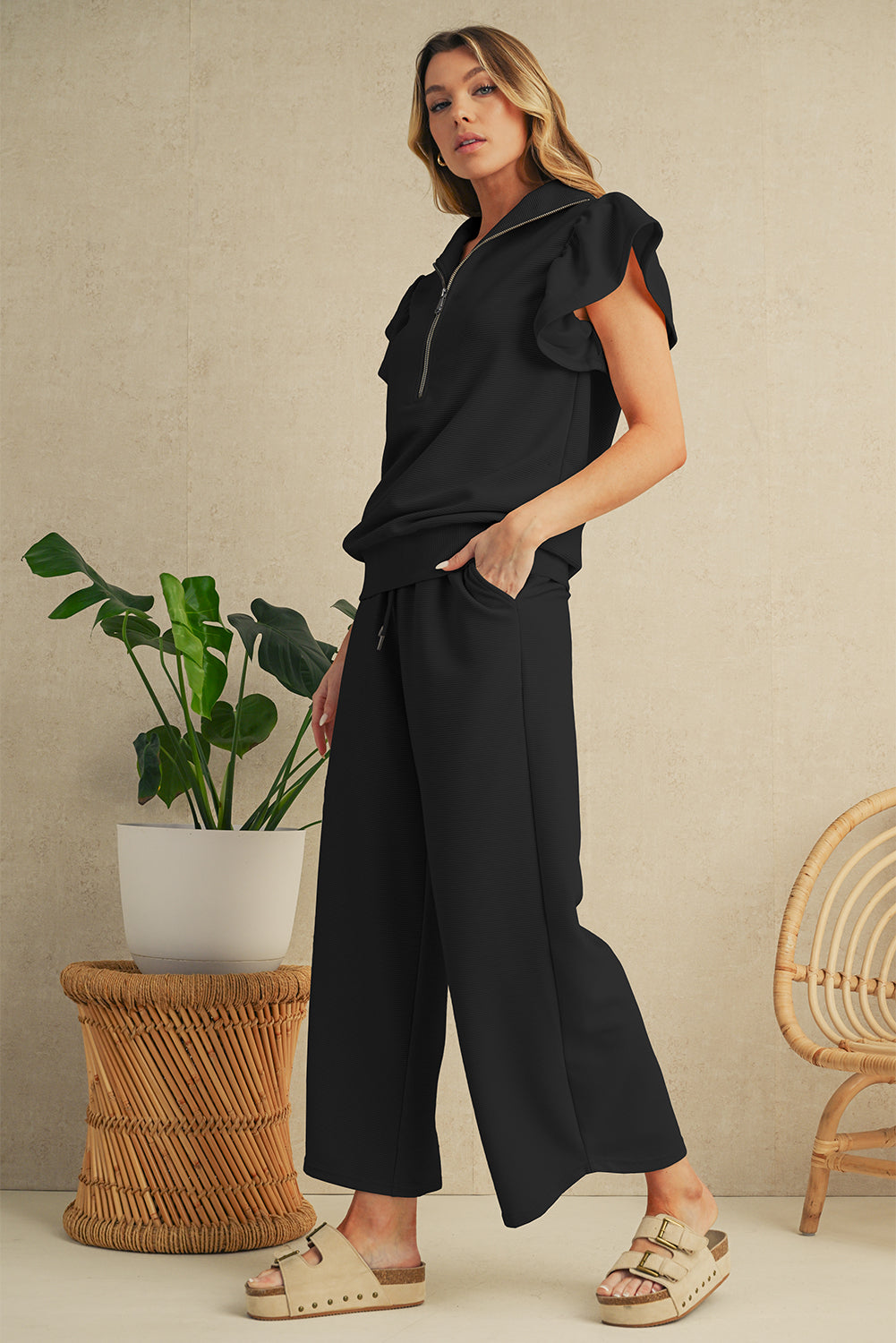 Black Textured Ruffle Sleeve Zipped Top and Wide Leg Pants Set 2c4a9e538f37c661