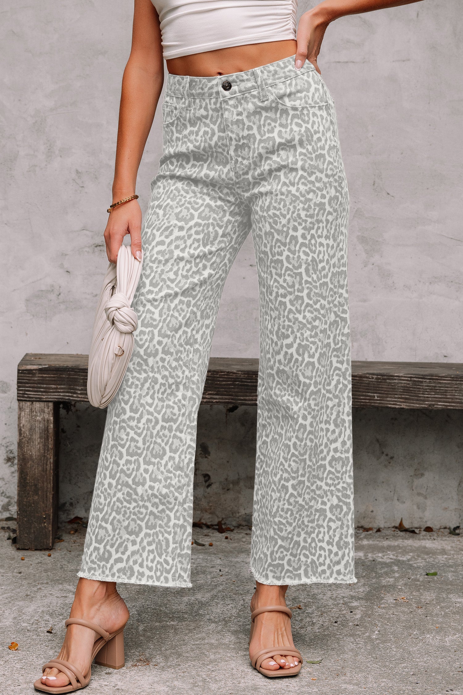 Gray Leopard Frayed Edge Wide Leg High Waist Jeans Gray 65%Cotton+33%Polyester+2%Elastane 2c4e0777e2768f5a