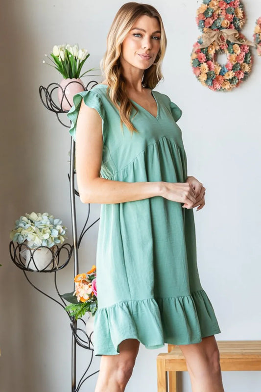 Heimish Full Size Short Sleeve V Neck Ruffled Hem Dress 2c5277b7-0293-4448-a68c-44288088fba6-Max