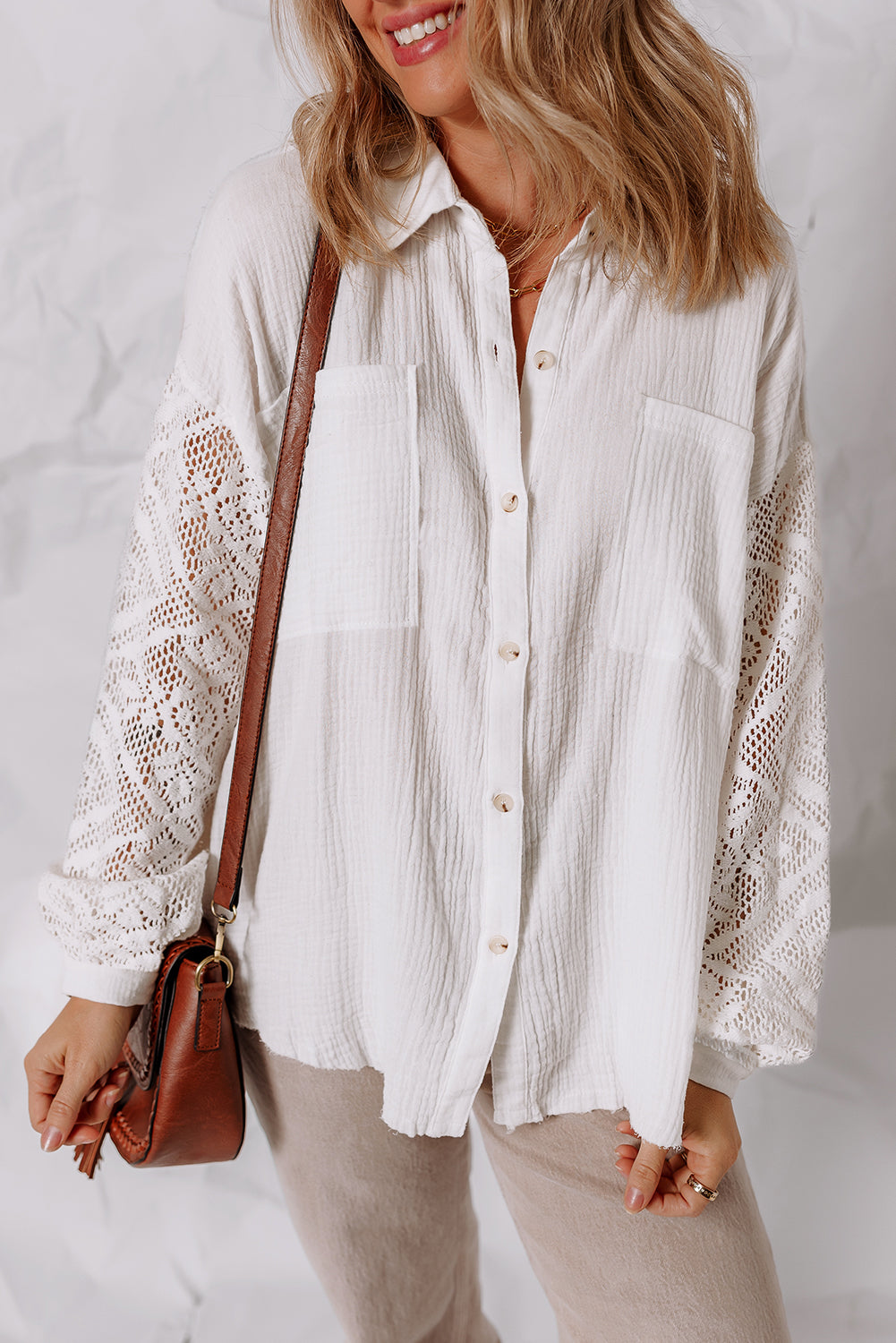 White Cotton Gauze Lace Patchwork Long Sleeve Shirt 2c614ae6b52cf281