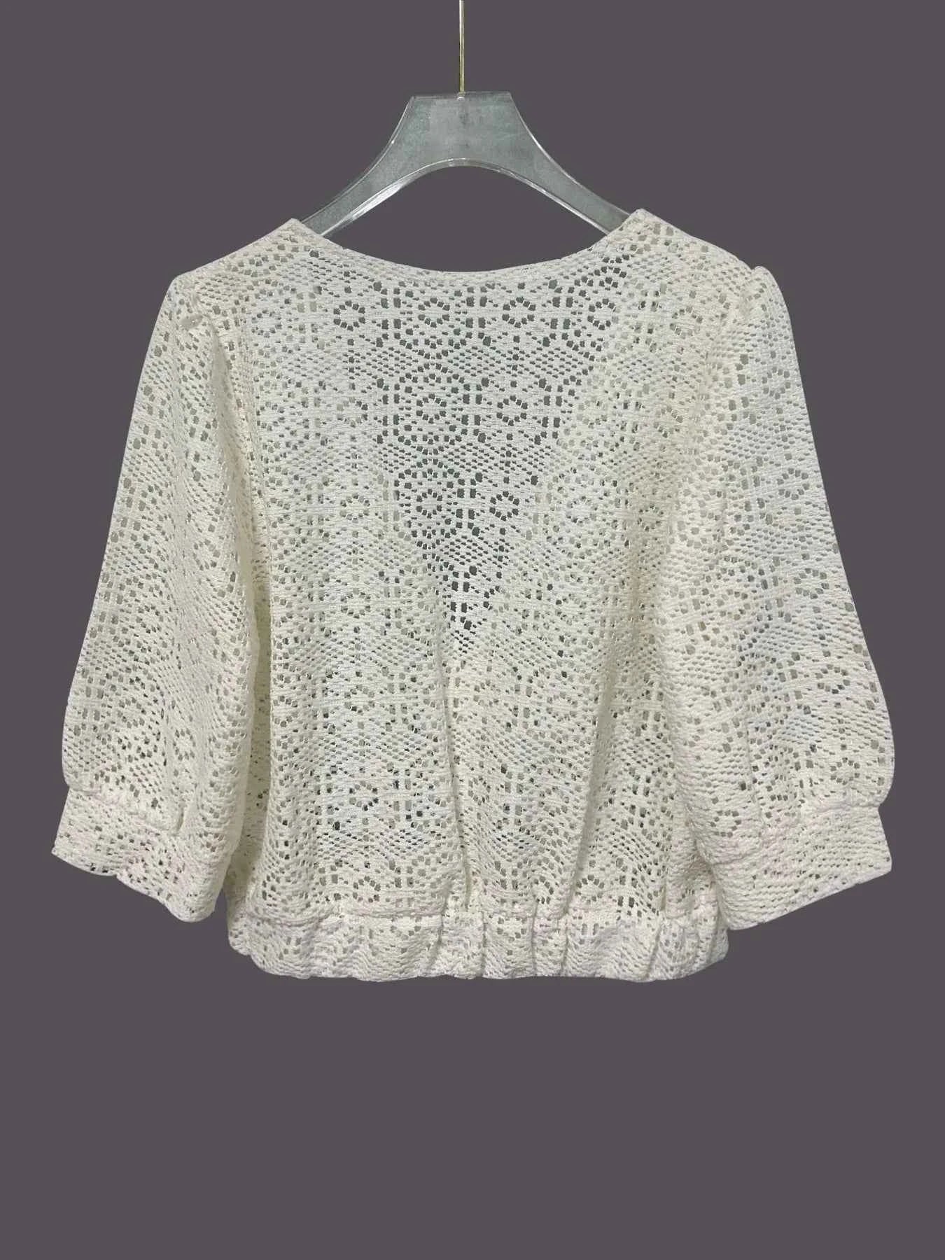 Ruched V-Neck Openwork Crop Knit Top 2c66226db182452aa0af699038f54055-Max-Origin